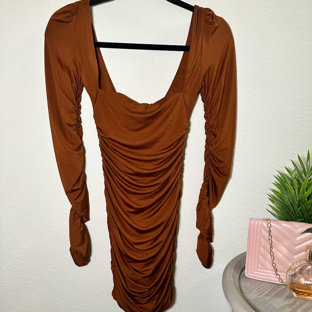 Caramel brown long sleeve body con dress from OhPolly